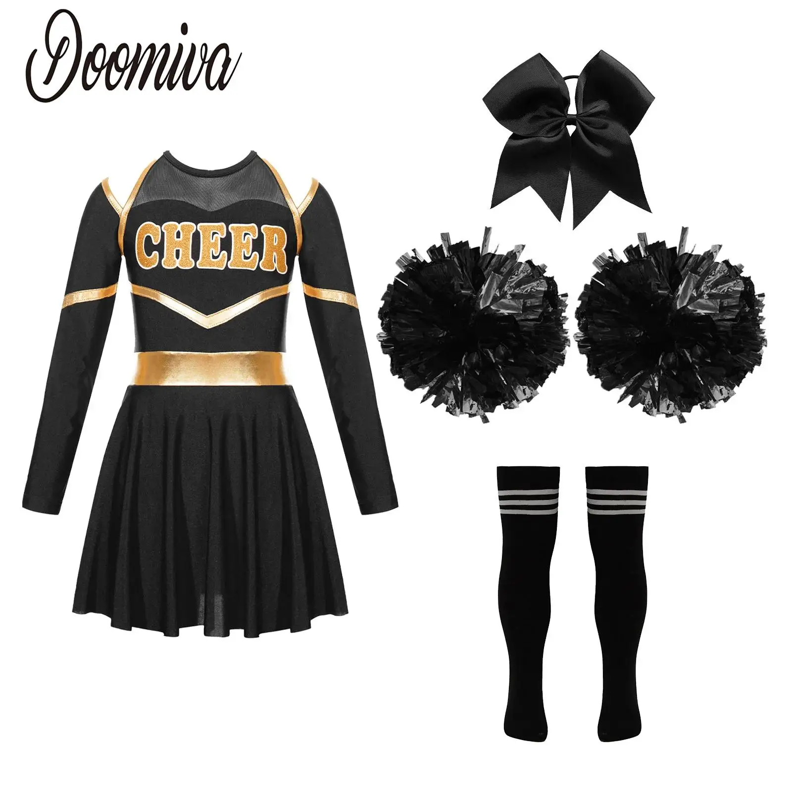 

Girls Cheerleading Cheer Dance Outfit Performance Costume Long Sleeve Dress with Pom Poms Stocks Schoolgirls Role Play Outfits