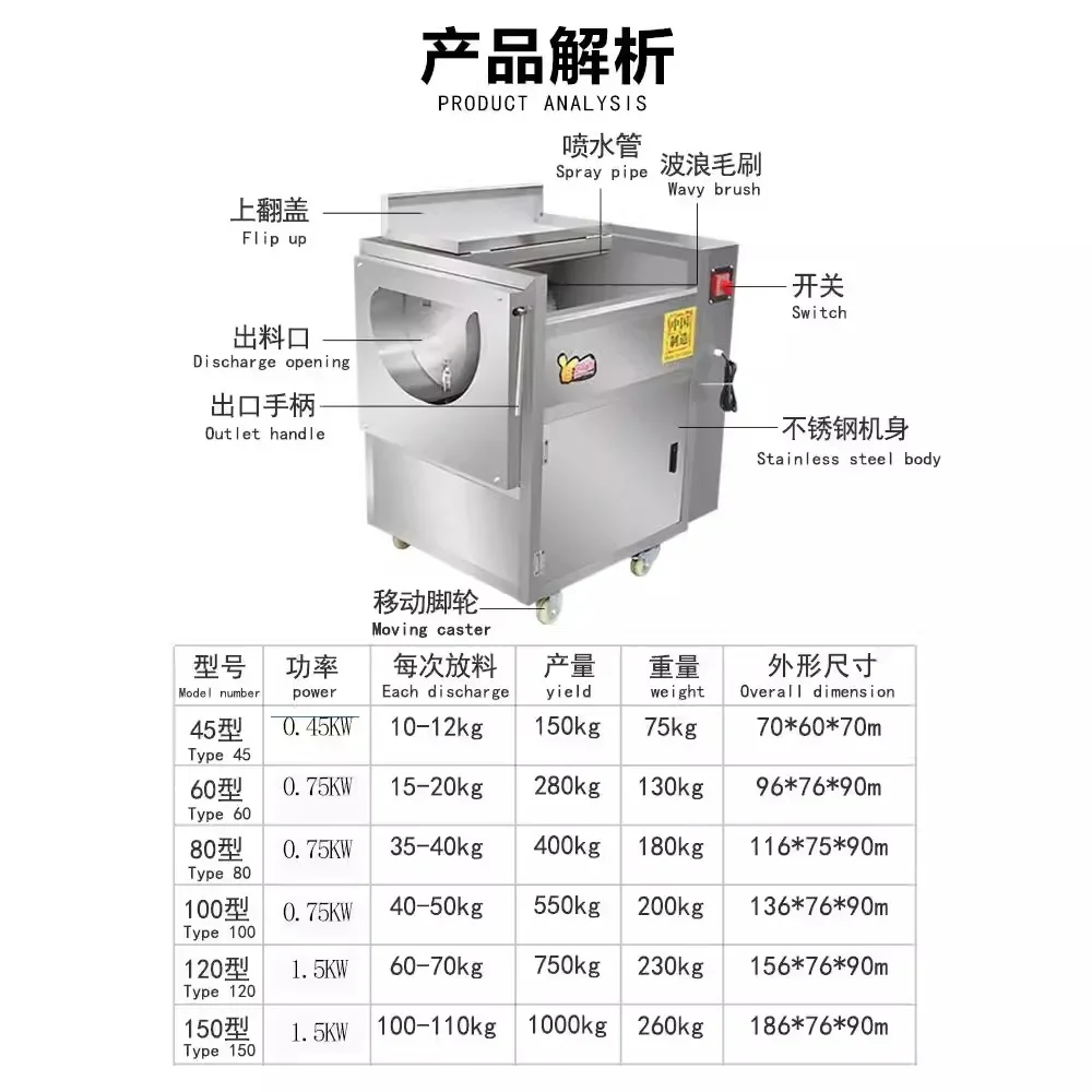 Commercial stainless steel fully automatic potato, lotus root, and sweet potato cleaning and peeling machine