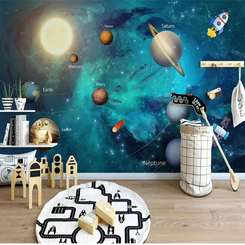 

Custom 3D Photo Wallpaper for Children's Room Backdrop Wall Decor Blue Sky Space Universe Moon Rocket Painting Waterproof Canvas