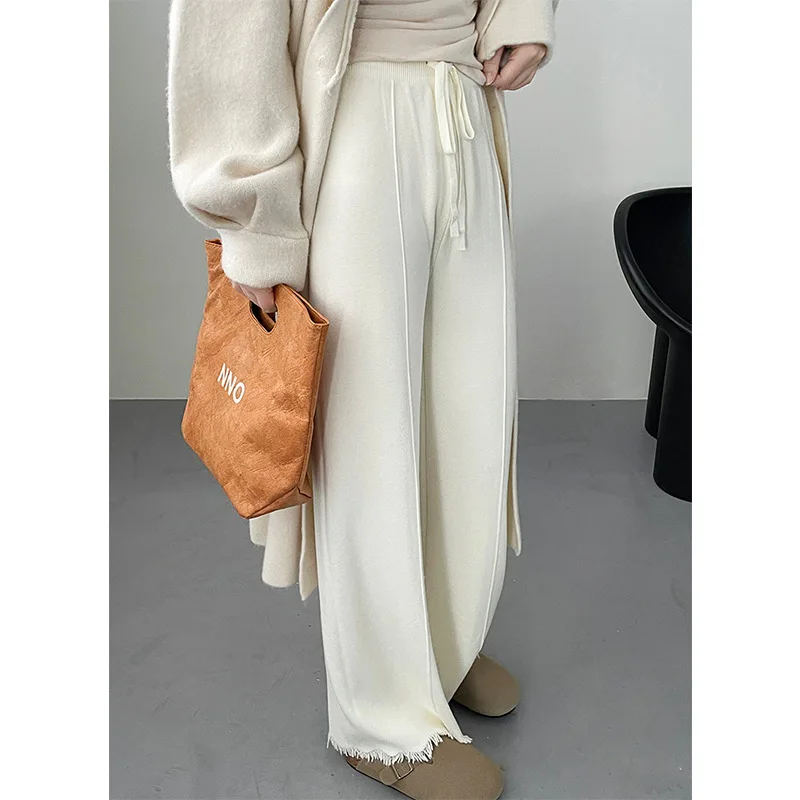 Knit Straight Pants with Drawstring, Tassel Wide Leg Pants, Khaki, Black, Gray