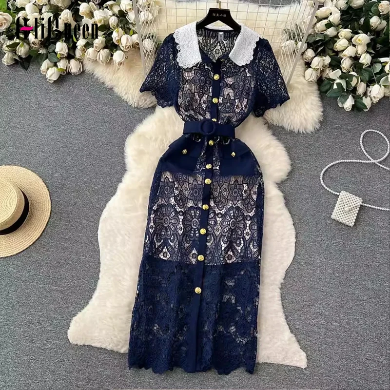 Vintage Women Luxury Lace Hollow Out abito lungo elegante piccola fragranza Ladies Summer Gold Button Dress Party Vestidos