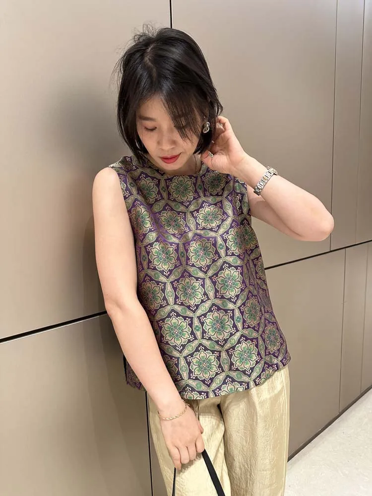 

Ele Double-Sided Wearable Vintage Silk Song Jin Embroidered Improved New Chinese Sle round Ne Vest Top for Women Summer