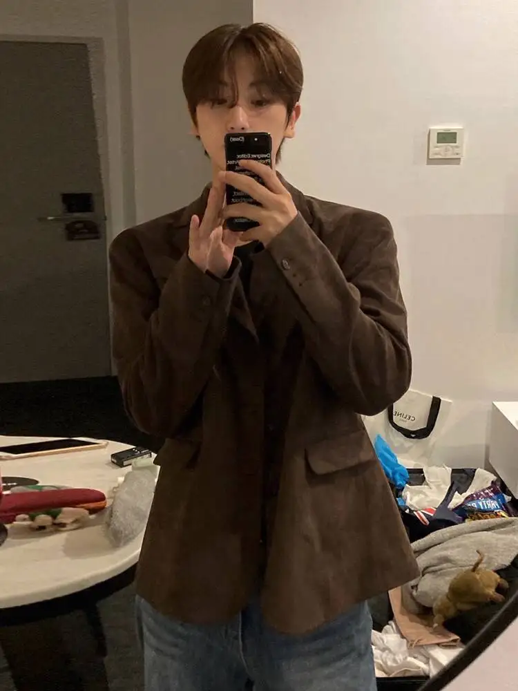 

SYUHGFA 2025 Autumn Korean Style Men's Suit Jackets Casual Lapel Coats Single Breasted Loose Loose Vintage Male Blazers Chic