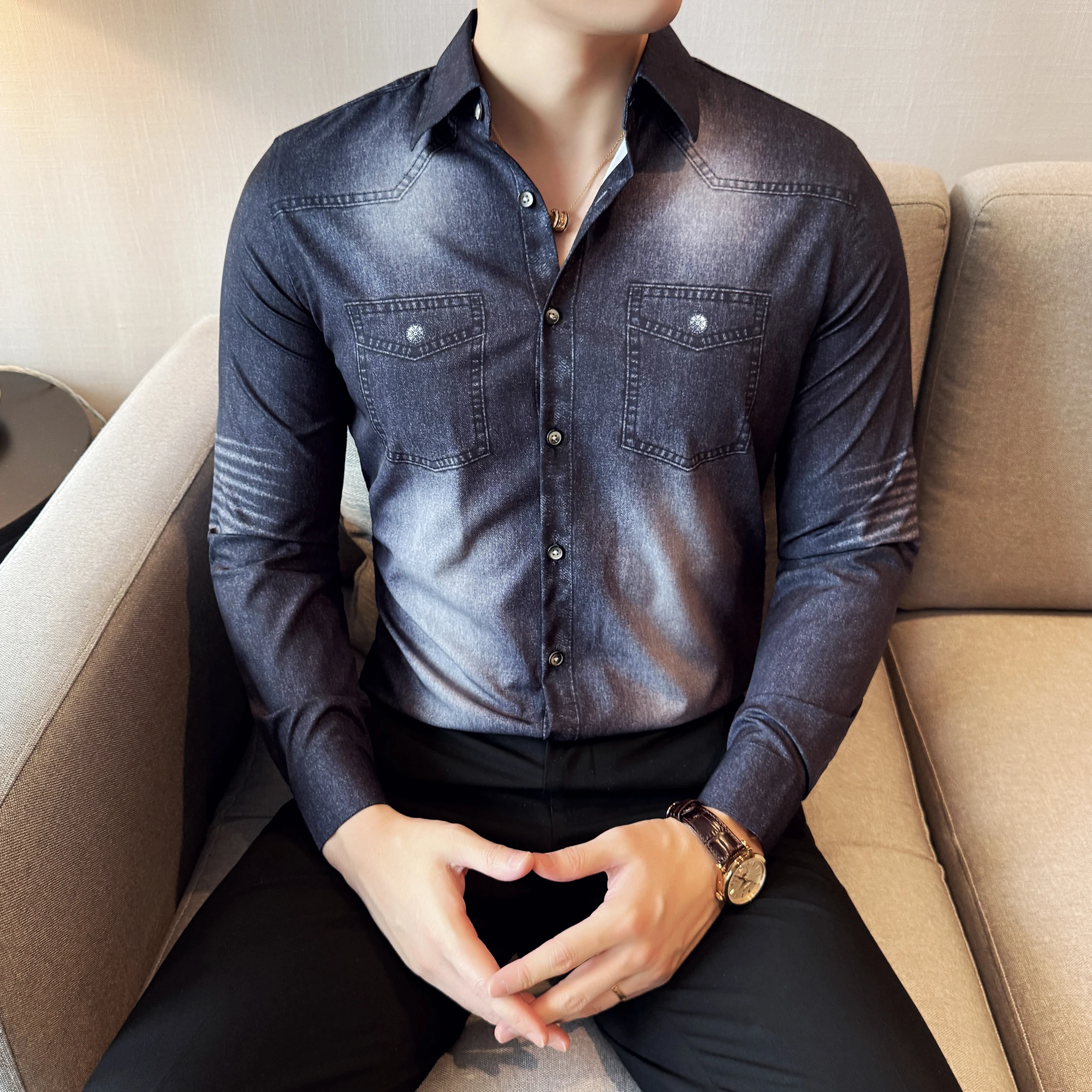 قمصان طويلة الأكمام للرجل الكورية موضة الدنيم مثل سليم صالح الرجال الاجتماعية قميص رفض طوق بلوزة مكتب عادية أوم 4XL