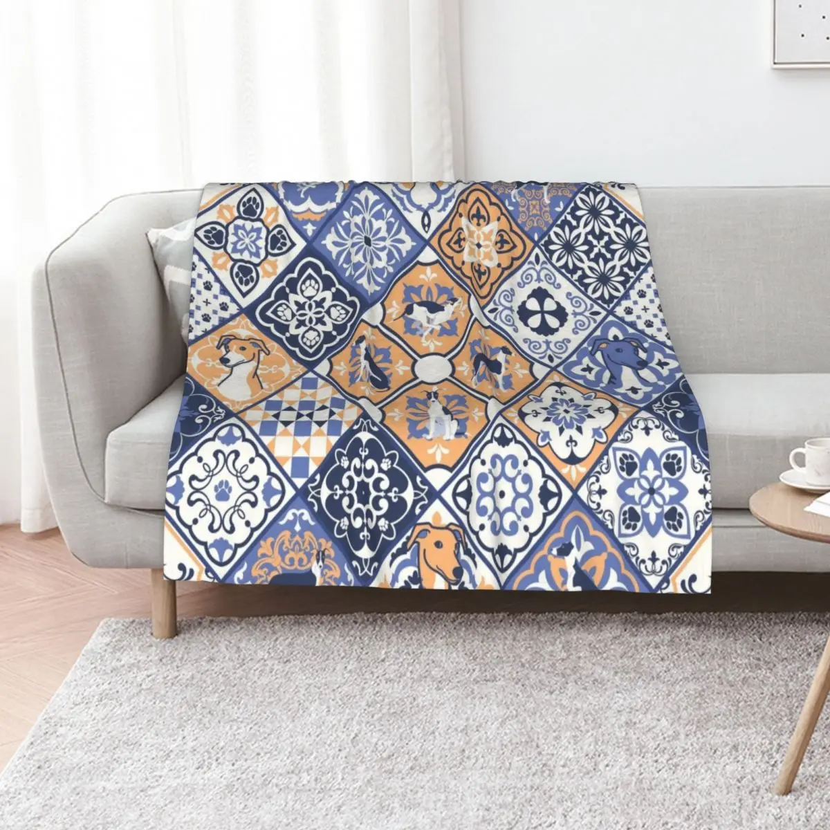 Manta con patrón de azulejos portugués de galgo, camas decorativas rellenas, mantas de lujo a cuadros suaves