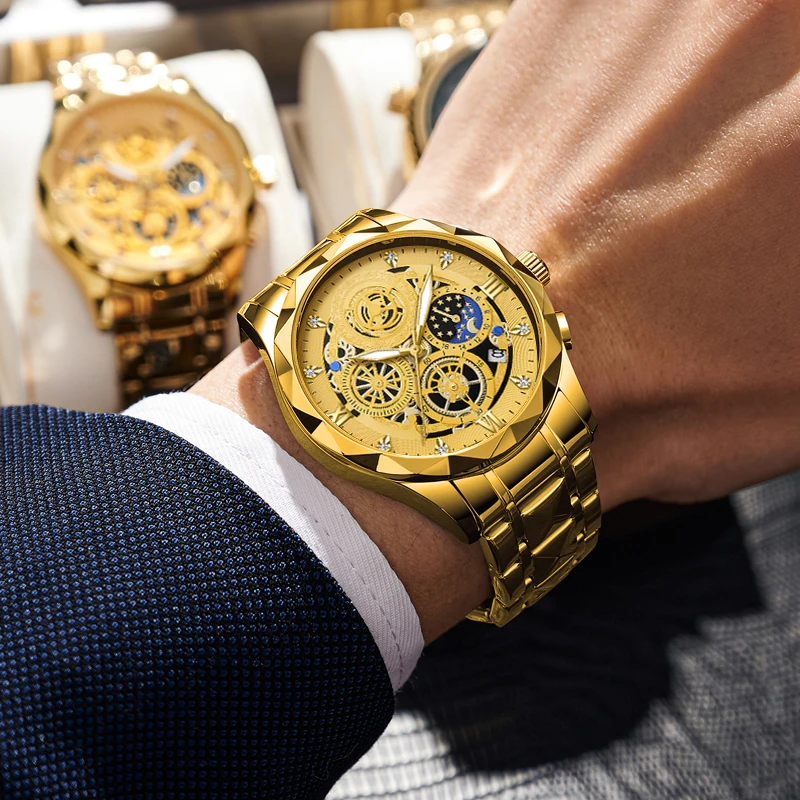 2025 ساعات رجالية فاخرة الماس الذهب تاريخ كرونوغراف الفولاذ المقاوم للصدأ ساعة كوارتز مقاوم للماء مضيئة موضة رجل ساعة اليد