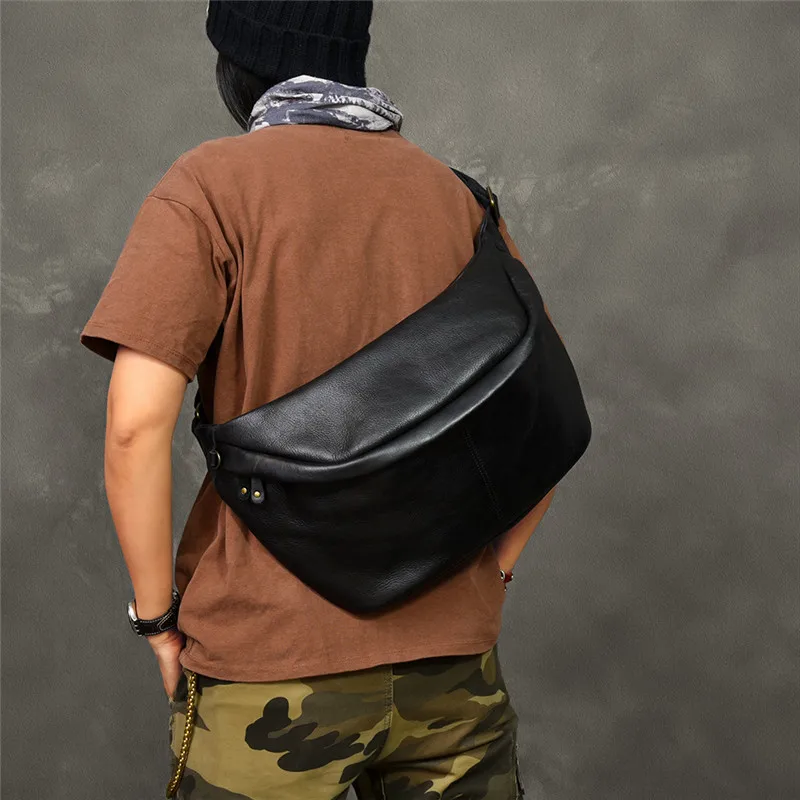 Large capacity genuine leather men\'s chest bag vintage fashion casual soft real cowhide daily sports big shoulder messenger bags