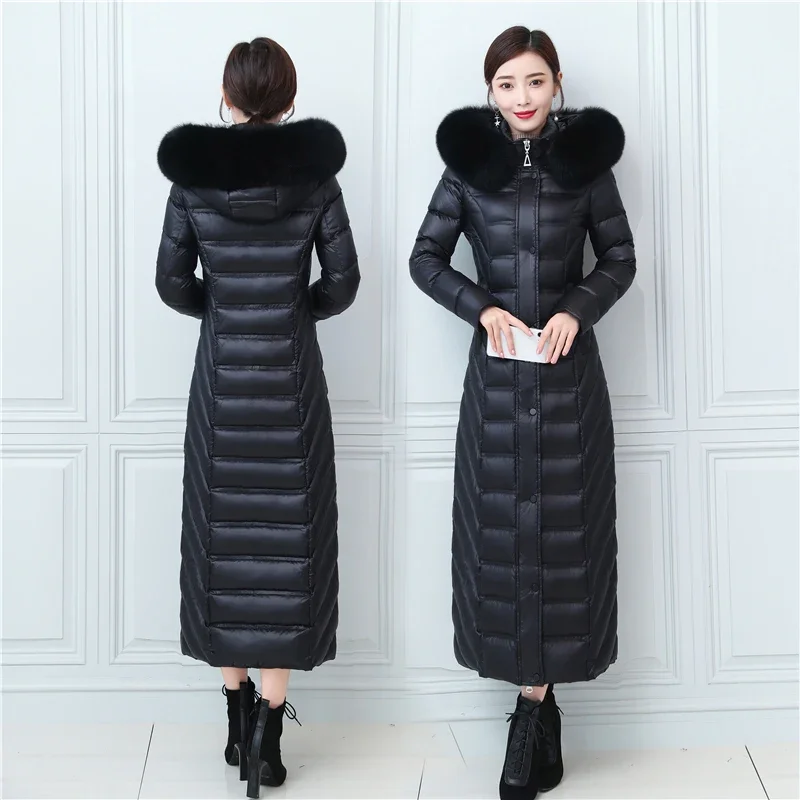 -30 Degree X-Long Women Down Coat Solid Warm Female Puffer Jacket Genuine Fox Fur Collar Thick Outwear White Duck Down