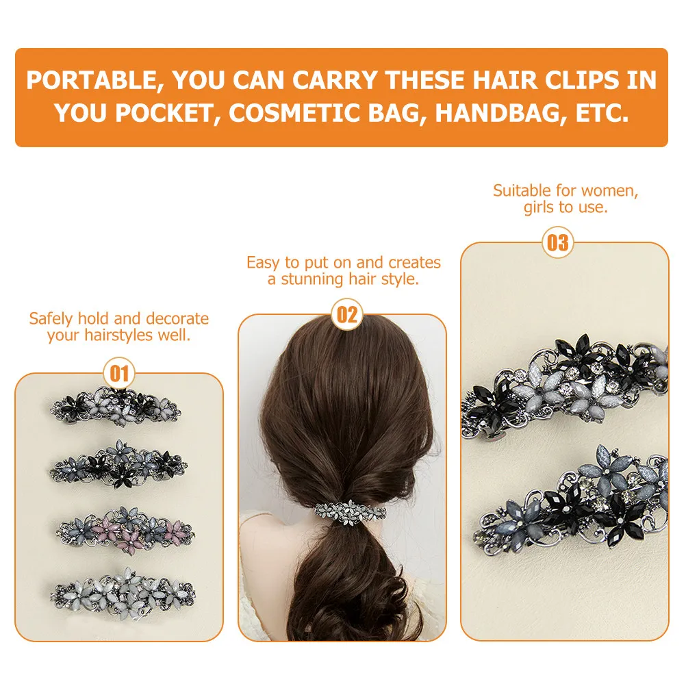 

Набор из 4 заколок для волос с цветами из страз, портативные пружинные зажимы, держатели для хвоста, легкие в использовании, блестящие аксессуары для причесок