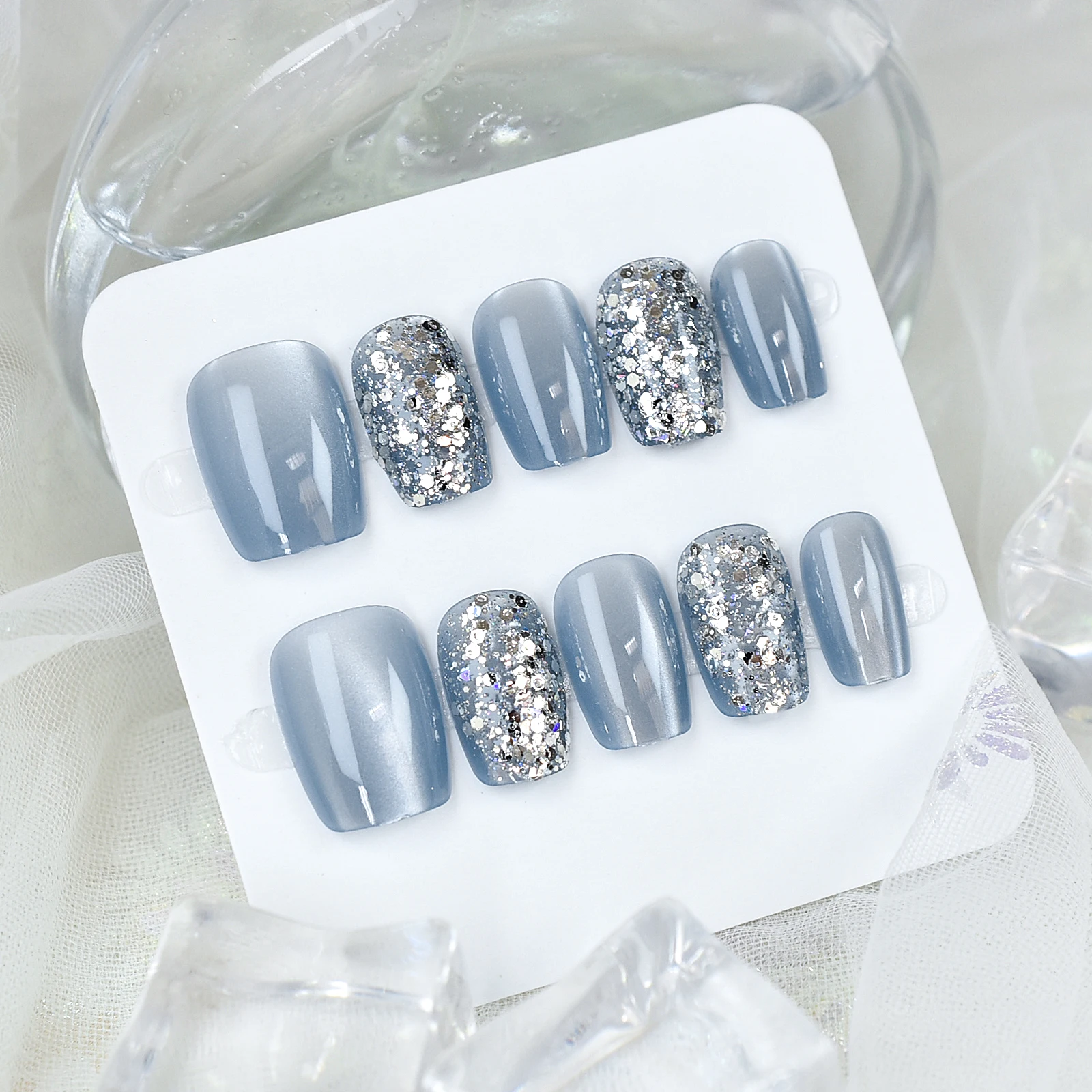 

press on nails silver glitter cat eyes square short blue color 10 pieces per pack 3 sizes to choose from