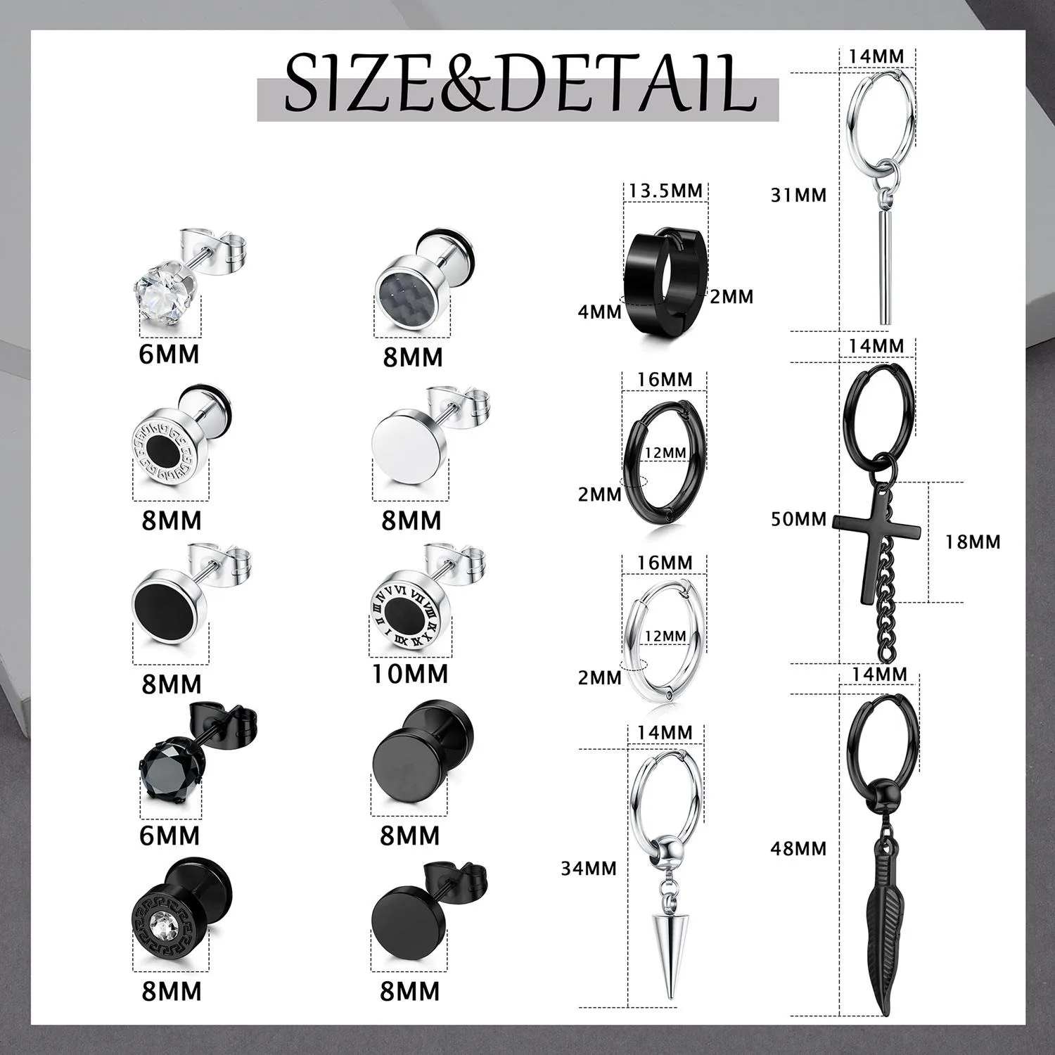 30-teiliges Gothic-Ohrring-Set für Männer aus Edelstahl mit Zirkonia, runde Ohrstecker, Hängeohrringe, Barbell-Ohrstecker, Halloween – Detail 1