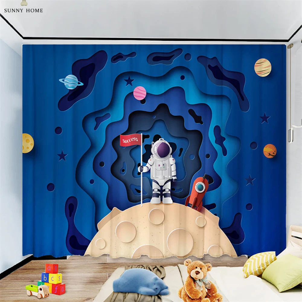 Space Astronaut Children's Room Boy's Room Cartoon Curtains Window Decoration Curtains Home Decoration Can Be Customized 2 PCS