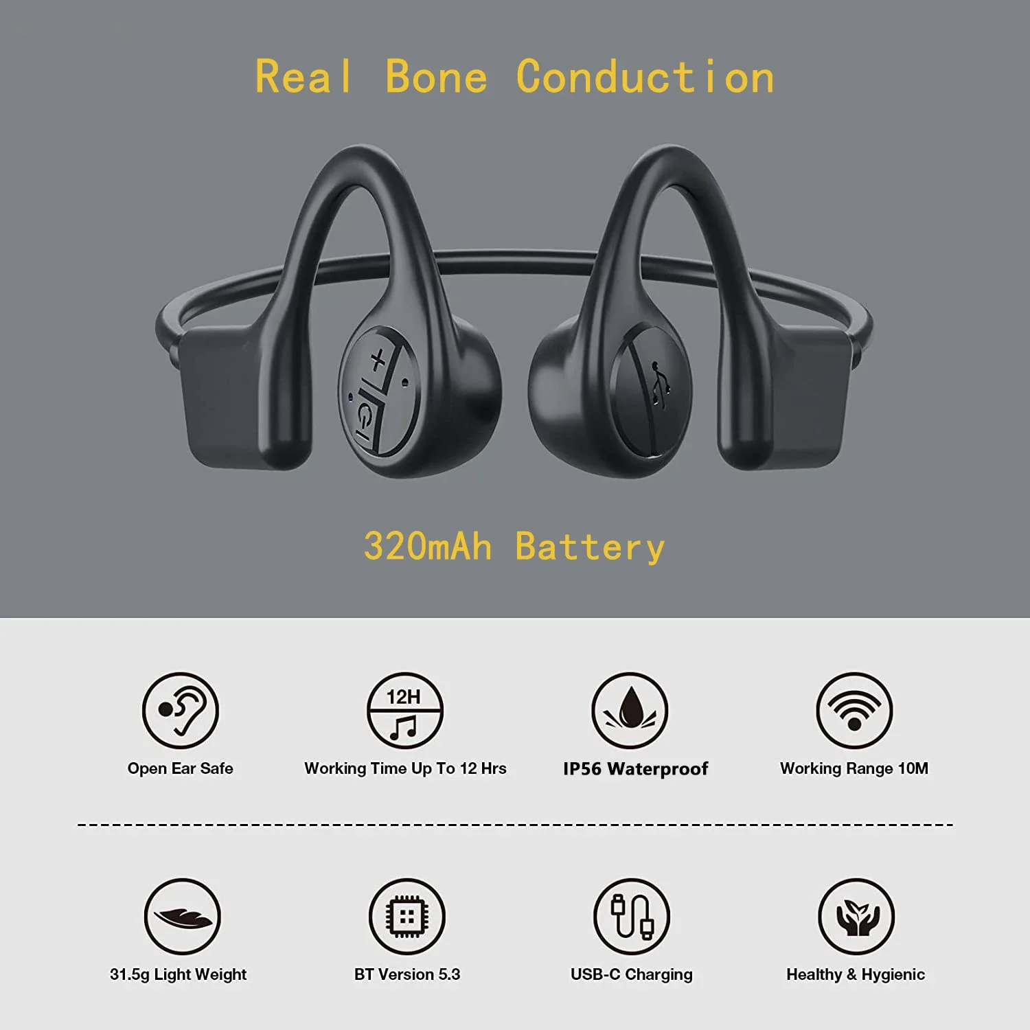 Wireless Open Ear Bone Conduction Headphones, Bluetooth Headset, 12 Hours Playtime, IP55 Sweatproof, Built-in Mic