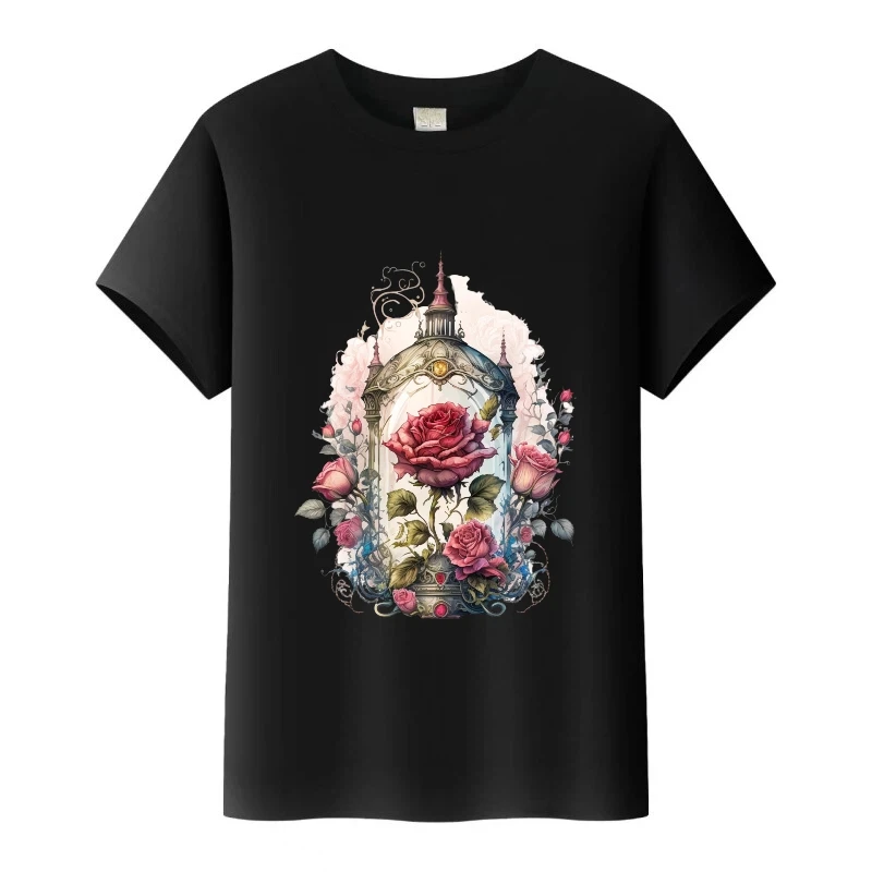 

Fashion Disney Beauty And The Beast Flowers Graphics Girl Tees Women T-Shirt Goth Boy Tshirt Loose O-Neck Tops Men Cheap Clothes