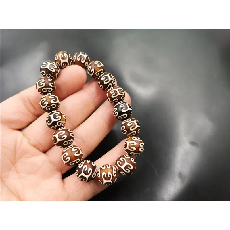 12mm vintage distressed bead with circular pattern, unisex agate bracelet