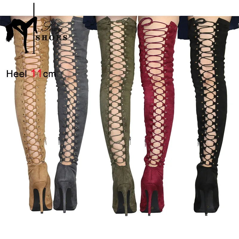 New Sexy Adjustable Cross Lace-up Sexy Women Boot Pointed Toe Party Shoes Ladies Suede High Heels Model Show Over The Knee Boots