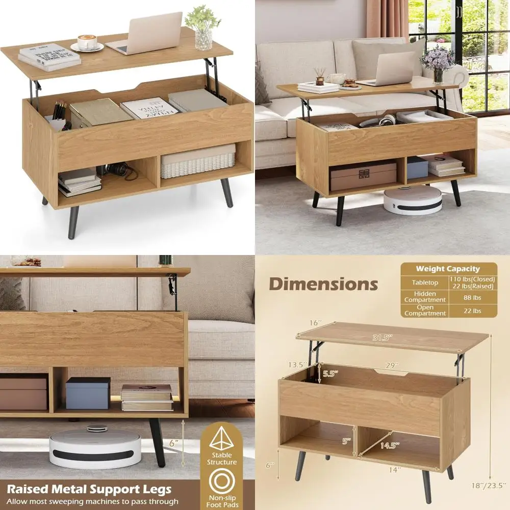 

Modern Lift Top Coffee Table with Hidden Storage and 2 Open Shelves, Flip Top Center for Contemporary Living Rooms