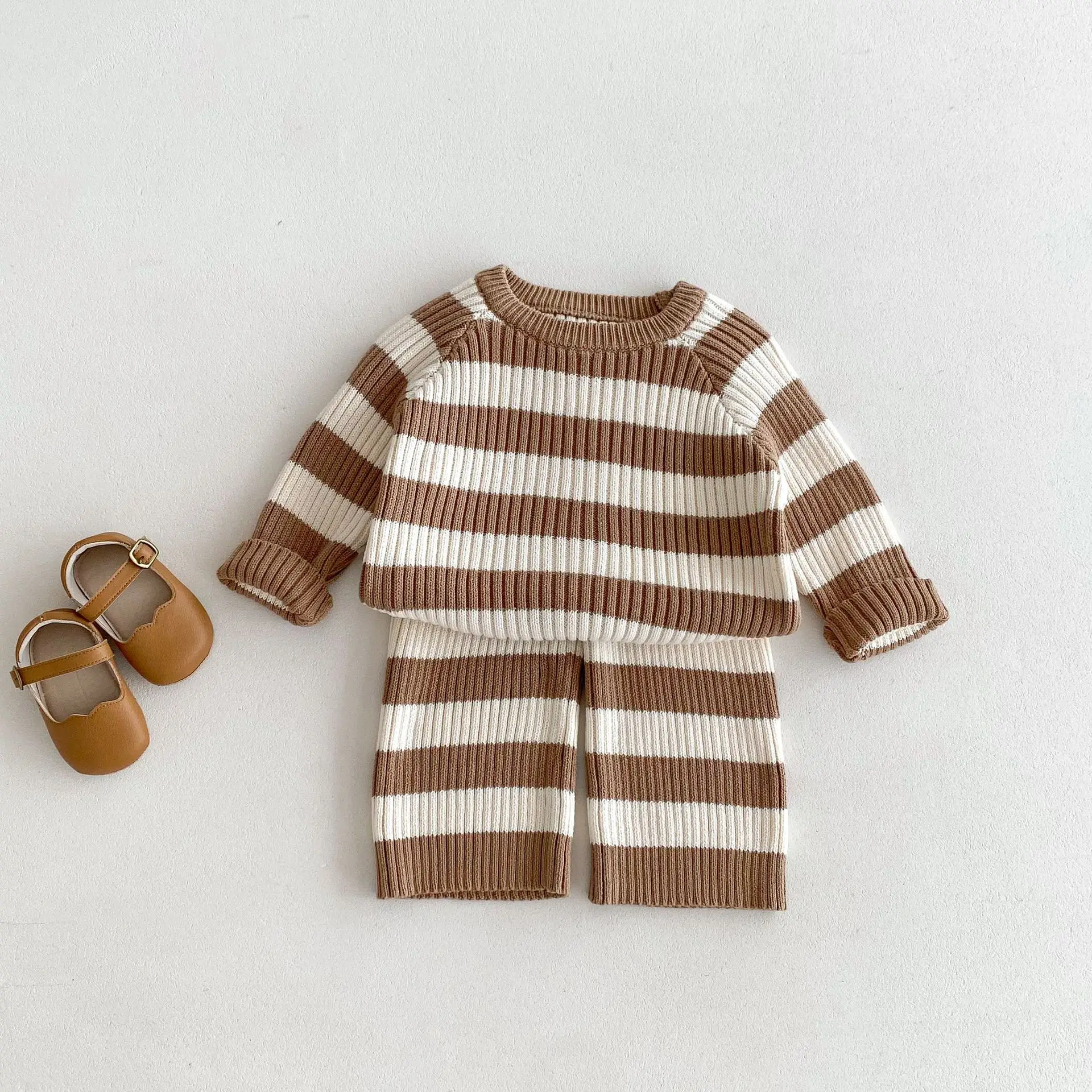 2024 Autumn New Children Long Sleeve Striped Knitted Set Boys Girls Pullover Sweater + Pants 2pcs Suit Kids Baby Casual Outfits