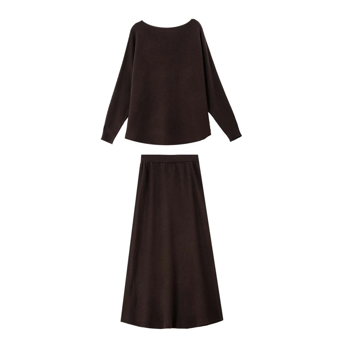 VIMLY Brown Skirt Two‑piece Set Women 2026 Fall Winter Off‑the‑shoulder Knit Pullover Maxi Skirt Elegant Matching Outfit 30510
