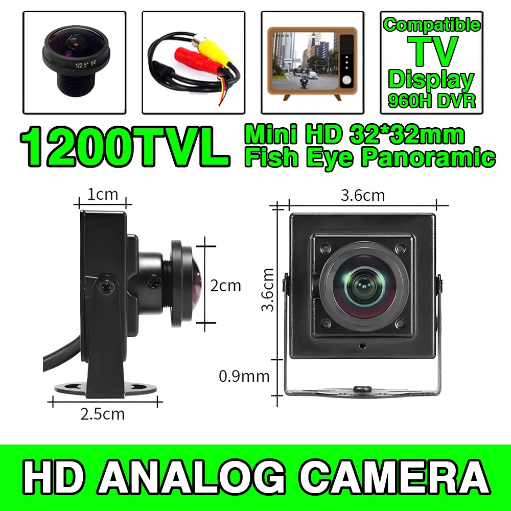 

Analog CCTV Fish Eye Camera 160Degree1.7mm Panoramic View Compatible TV Super Small 32*32mm 1200TVL HD Mini Metal Video Home Car