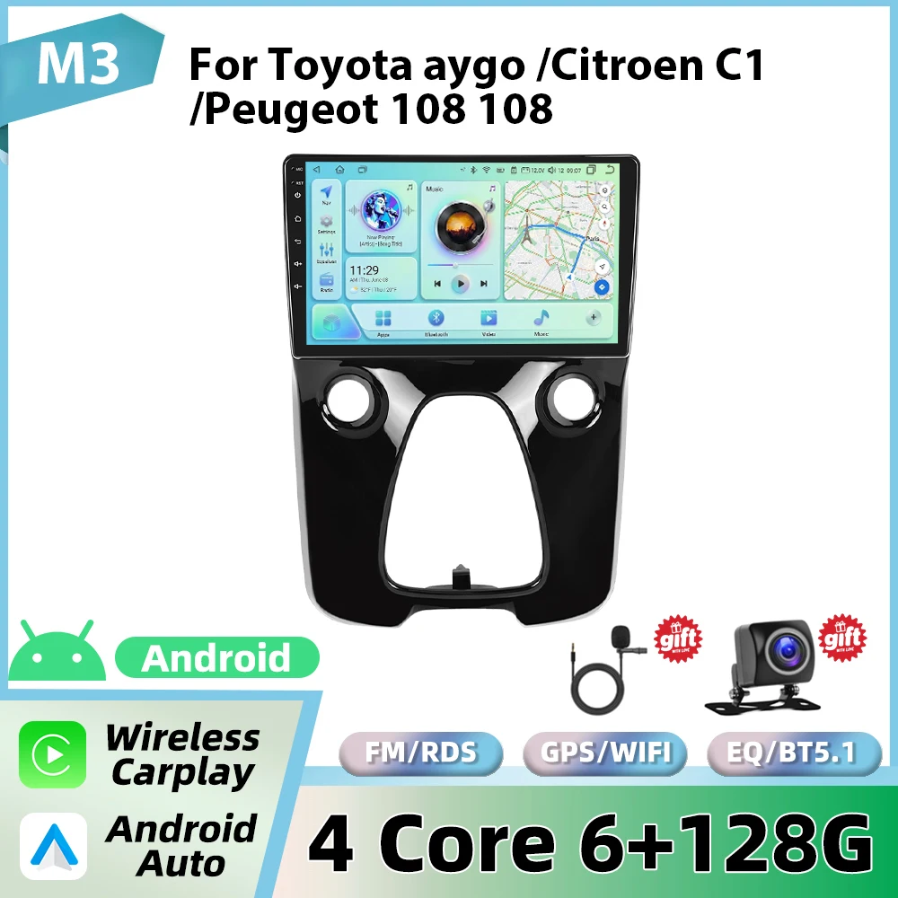 Podofo 10'' autoradio voor Toyota Aygo 2015/Citroën C1 2020/Peugeot 108 draadloze CarPlay Android autoradio WIFI GPS 2din radio
