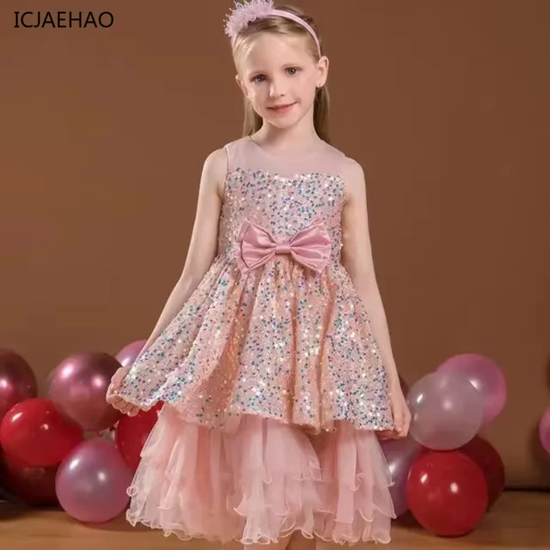 2025 Pink Girls Sparkling Sequined Princess Dresses Puffy Gown for Birthday Flower Kid Piano Performance Hosting Events Elegance