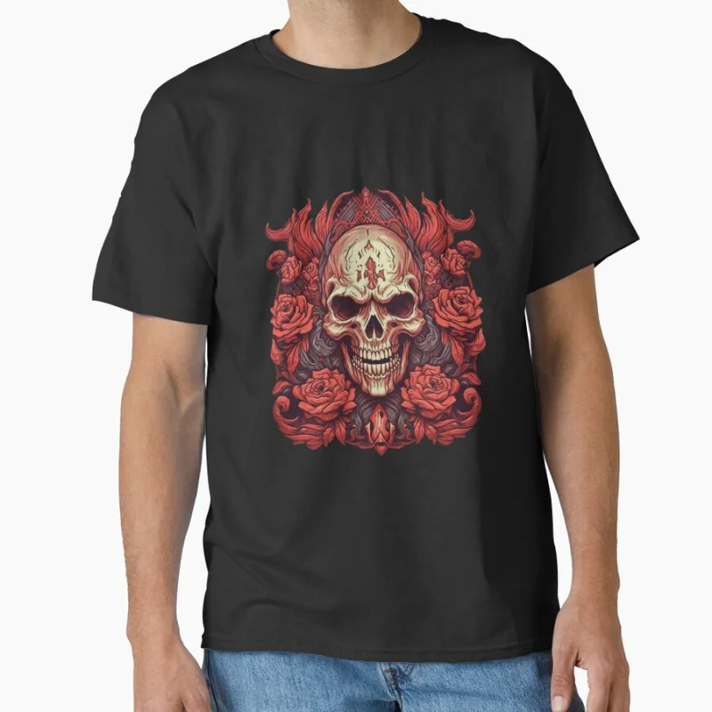 

Skull and Red Roses Old school devil Goth style Horror skeleton Halloween gift T shirt for Day of the Dead large size Tops S-6XL
