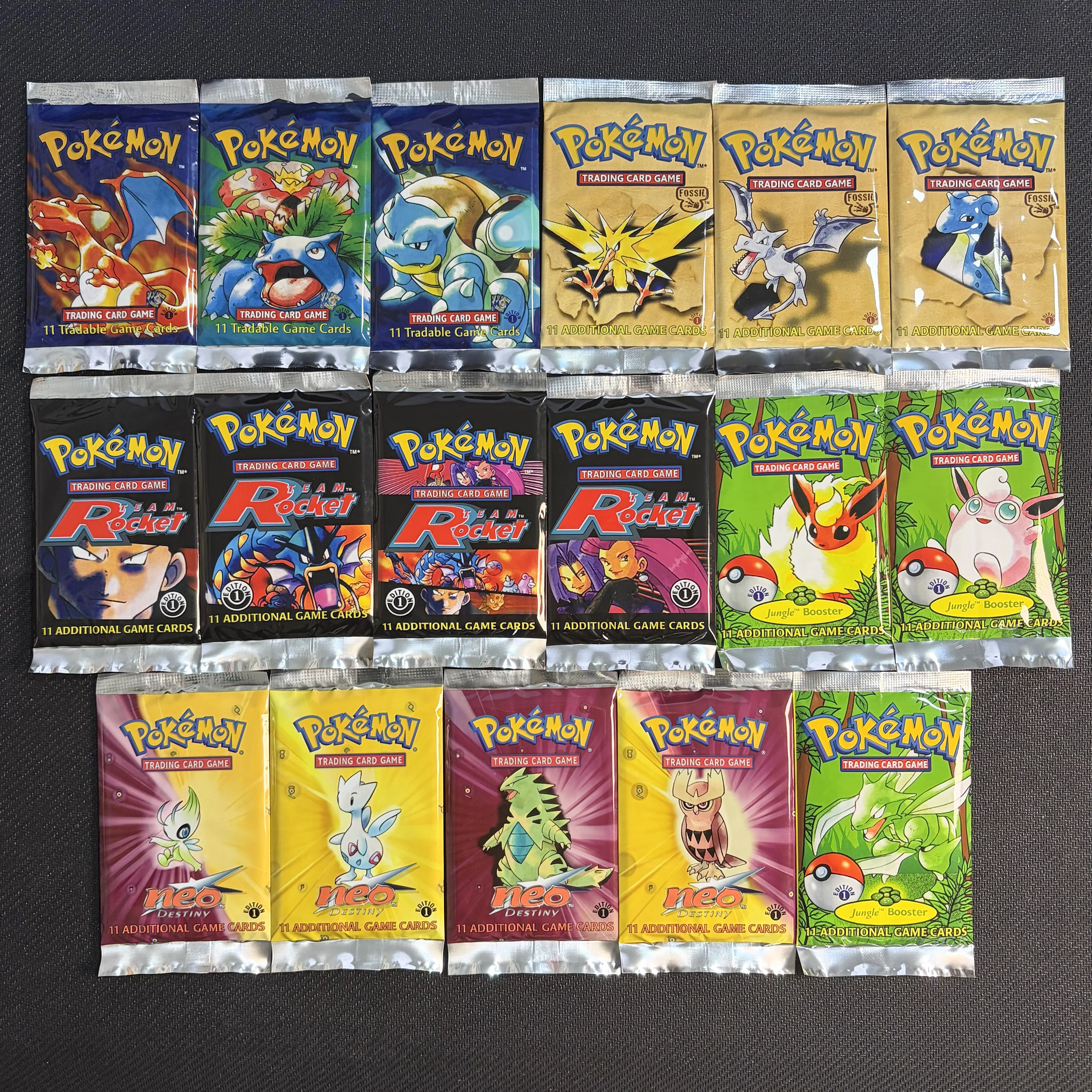 PKM Classic Series Booster Pack Sammelkarten Neo Destiny/Basis-Set/Rocket-Team/Fossil/Dschungel BOOSTER 11 Stück/Packung Versiegelte PTCG-Karten