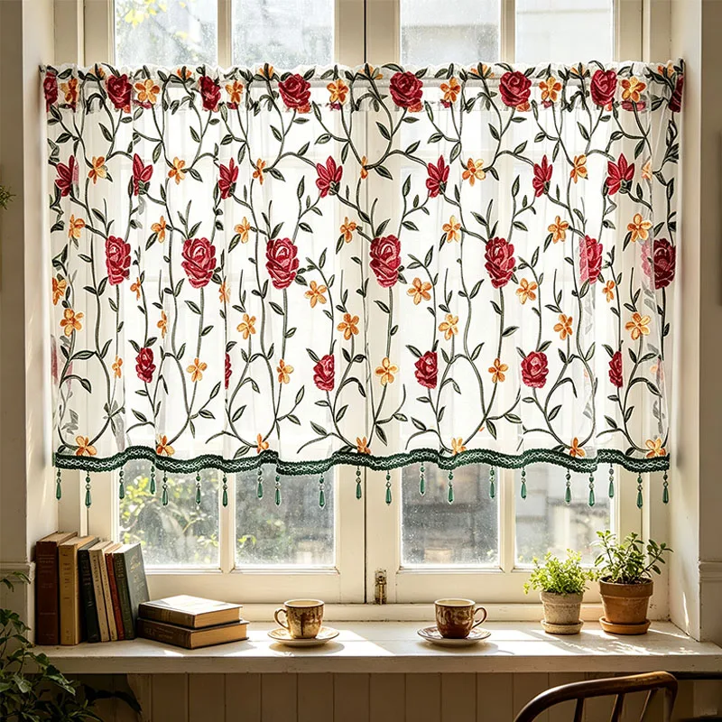 1pc Cottage Style 3D Red Rose Embroidered White Mesh Sheer Valance Short Curtain with Green Lace Edge and Green Beaded Tassels
