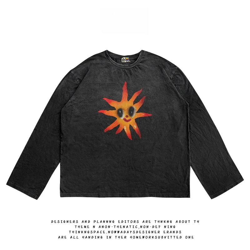 all-nature-hand-painted-sun-print-long-sleeve-t-shirt-black-neutral-style-for-children-autumn-new-arrival-casual-wear