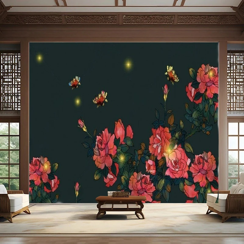National Trend Hand-Painted Peony Flower And Butterfly Garden Retro Classical Rural And Pastoral Landscape Decorative Painting