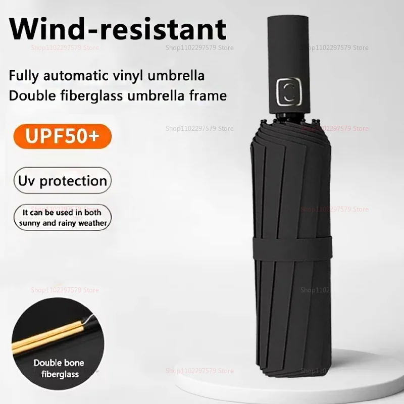 24 العظام الغراء الأسود مظلة أوتوماتيكية بالكامل مع عارضة سميكة ودائمة ثلاثة أضعاف مظلة مظلة قابلة للطي مقاومة للأشعة فوق البنفسجية #1
