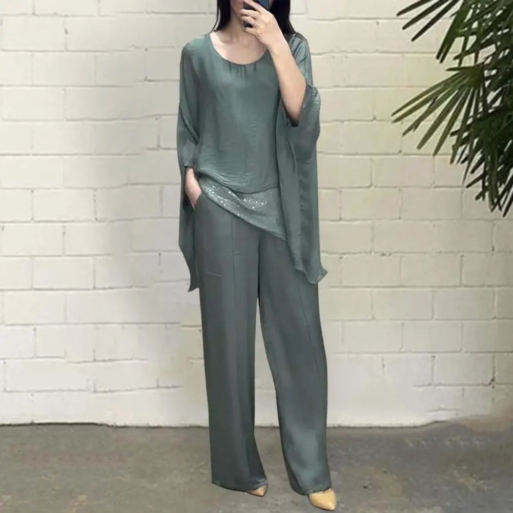 

Women Two-piece Suit Lightweight Women Suit Stylish Women's Casual Suit with Wide Leg Pants Batwing Sleeve Top for Home Office