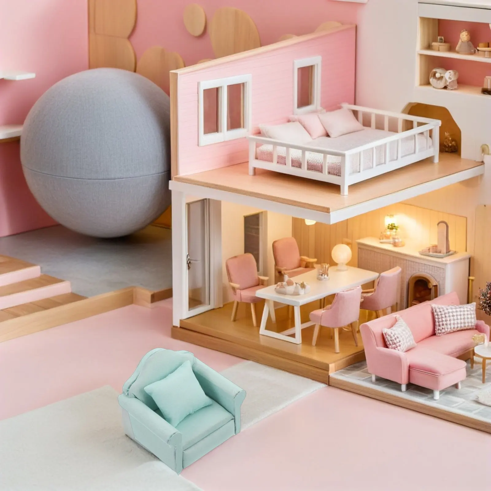 

Набор из 2 миниатюрных диванов с подушками, яркая тканевая обивка, мебель для гостиной кукольного домика, декор для интерьера, кресло с деревянным каркасом