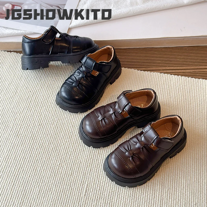 JGSHOWKITO Kids Girls Leather Shoes Woven Vintage Toddlers Loafers Thick Bottom School Non-slip Children Dress Mary Jane Shoes