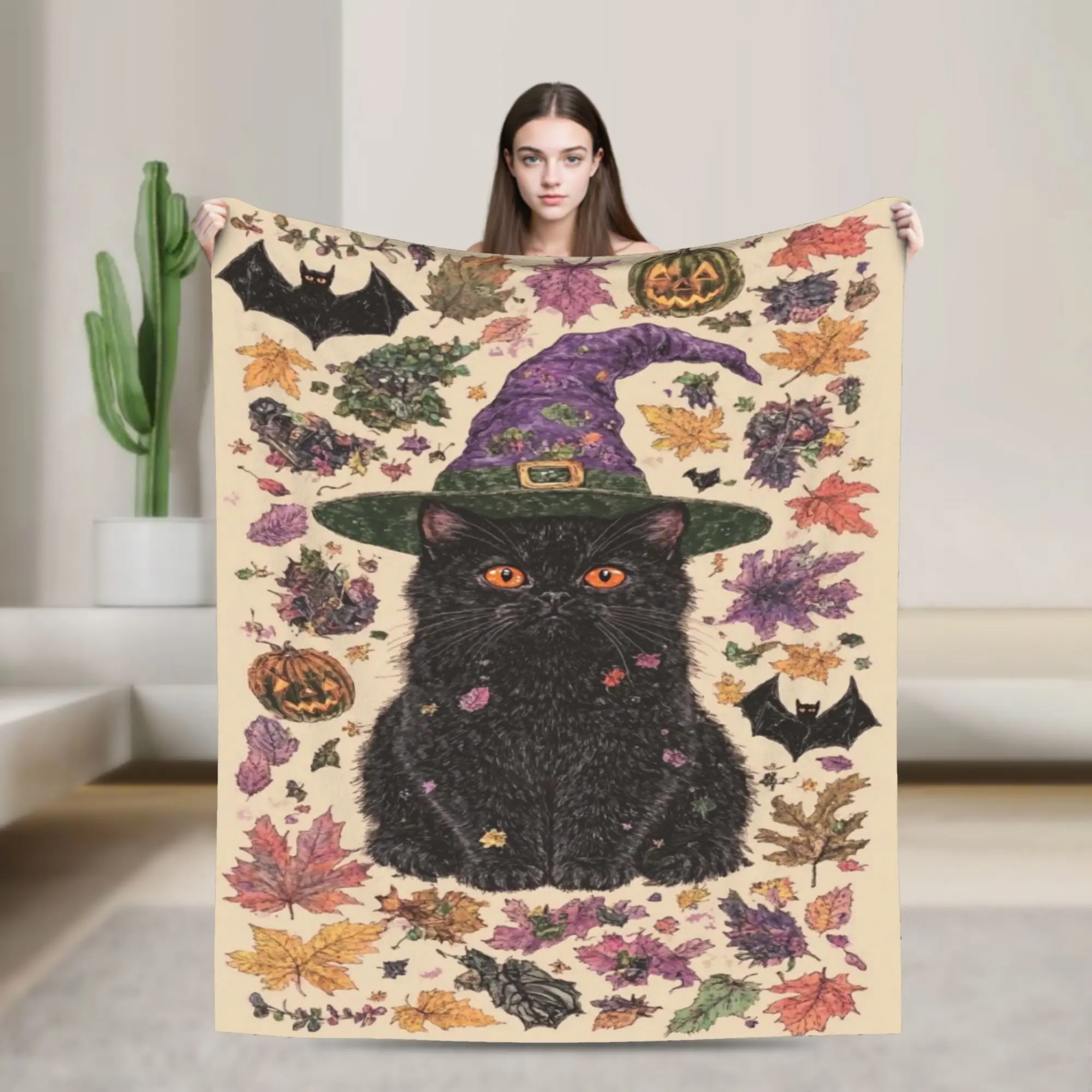 Super Soft BlanketChildren Camping Witchy Black Cats Halloween Throw Blanket Pet Lover Flannel Print Sofa Bed Cover