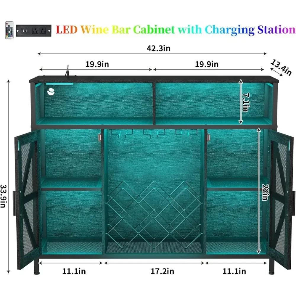 Armoire à vin à LED avec prises de courant, armoires de bar à domicile, armoire à café française ou armoire, armoire à liqueur d'angle