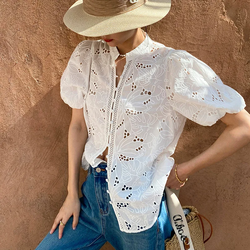 

Super Chic Elegant women Shirt white Floral Embroidery Cotton Hollow Out Boho Sexy Ladies Shirt holiday Women summer tops