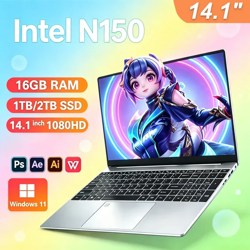 New 14.1' Laptop Intel Core N150 16GB 32GB 2TB Gaming PC Ultra Slim Office Study Computer PC Windows 11 Pro 1920*1080 HD