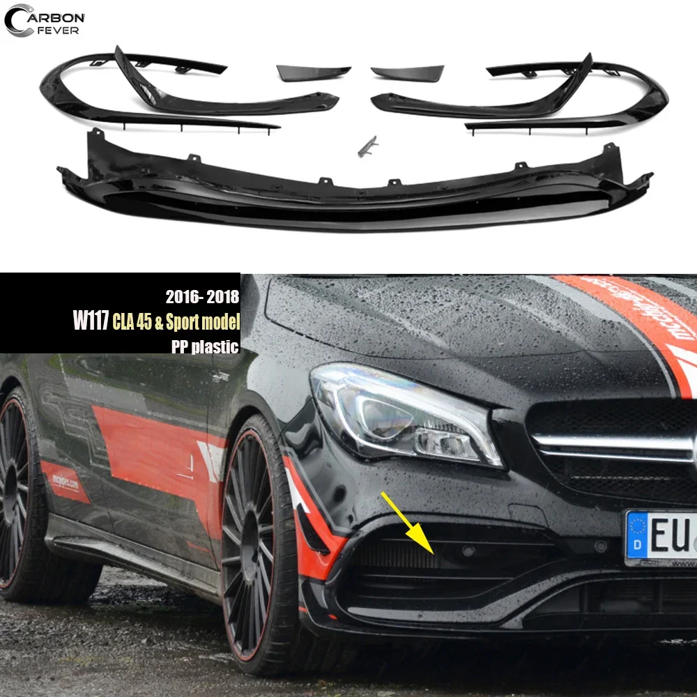 CLA 45 Style ABS Gloss Black Front Bumper Canards & Lip for Mercedes C117 X117 W117 CLA Class Facelifted CLA45 & Sport Models