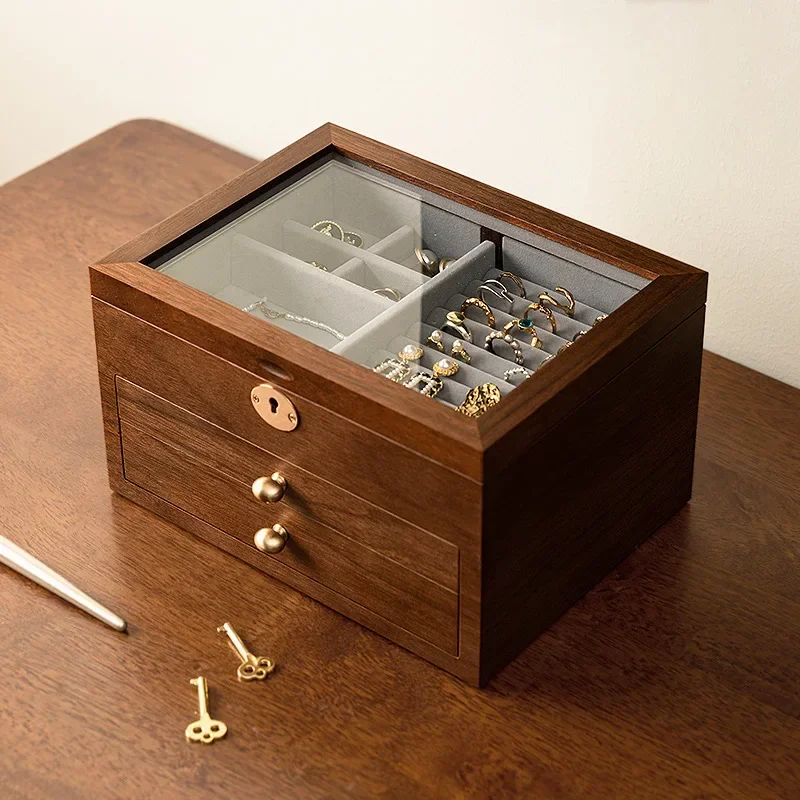 Wooden jewelry box, storage box, high-end exquisite necklace box with lock, ring  , new large-capacity gold jewelry  .