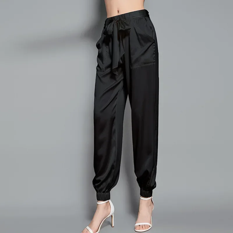 

New Women's 100% Silk Pants Stretch Satin Silk Elastic Waist Lace Up Slim Cropped Leggings Casual Pants Streetwear