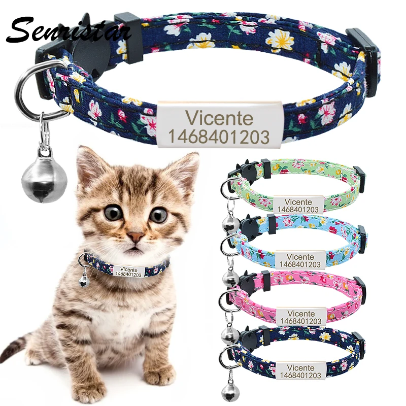 

Personalized Name Tag Cat Collar Bell Custom Engraved Nameplate Cat Collar Safety Breakaway Printed Cute Cat Collar Necklace