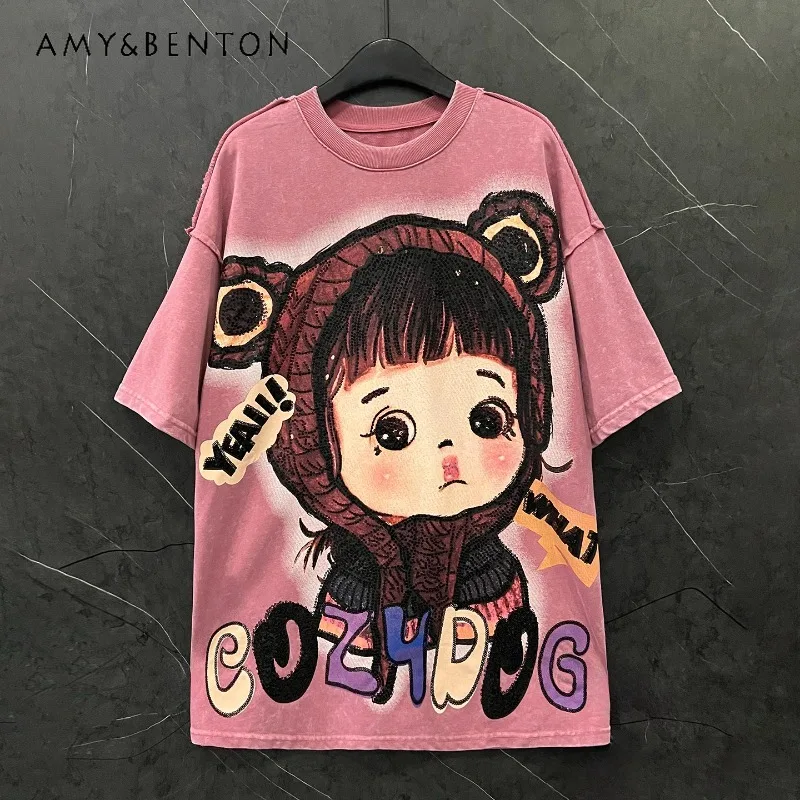 

Милый стиль, весенняя тяжелая ремесленная новая футболка с короткими рукавами для маленьких девочек, женские свободные повседневные футболки средней длины с короткими рукавами