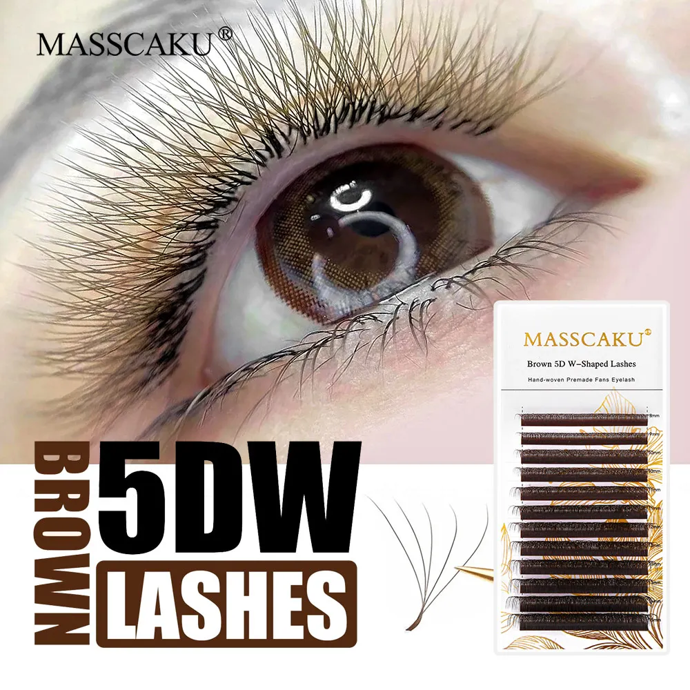 MASSCAKU Braune 3D-5D W-Stil Wimpern, natürlich weich, voluminös, vorgefertigte Fächerwimpern, einfach anzubringen, dicke, überkreuzte Nerz-Wimpernverlängerung