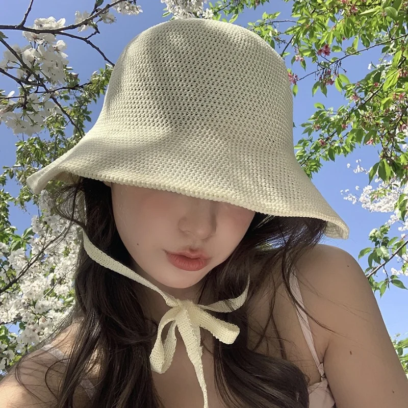 Simple sunshade straw hat women\'s summer new knitted basin hat show face small outdoor holiday wide brimmed sunscreen fisherman