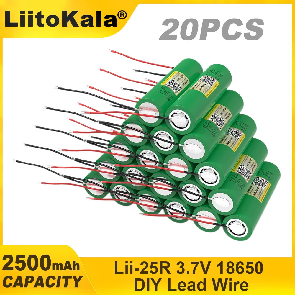 LiitoKala-rechargeable lithium battery, high capacity nickel battery, do-it-yourself, Lii-25R, 18650, 3.7 V, 2500mAh threads