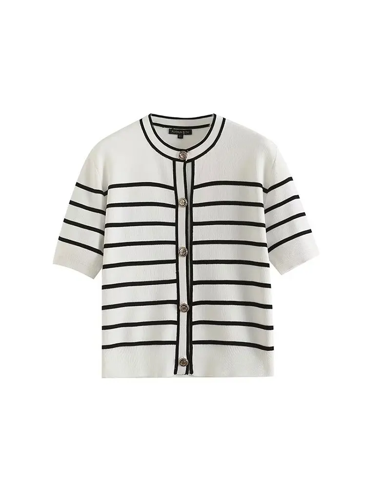 TELLHONEY Women Fashion O-Neck Single Breasted Short Sleeves Cardigans Female Casual Striped Knitted Slim Fittign Sweater Tops