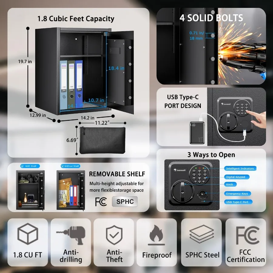1.8 Cubic Feet Home Safe Box with Electronic Keypad and Fireproof Bag Included Large Capacity Storage for Documents Cash and Je