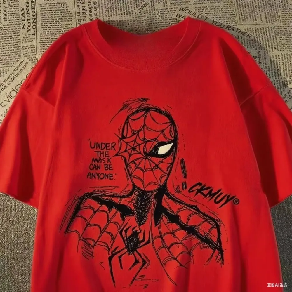 

MINISO 2025 Новый принт Человека-паука Marvel с круглым вырезом для мужчин и женщин, хлопковый креативный Мстители, свободный, удобный, дышащий